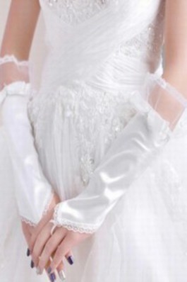 Funkelnd Satin Spitze Saum Weiß Chic|Modern Brauthandschuhe - Foto 2