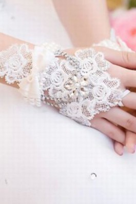 Besondere Spitze Mit Kristall Weiß Chic|Modern Brauthandschuhe - Foto 2