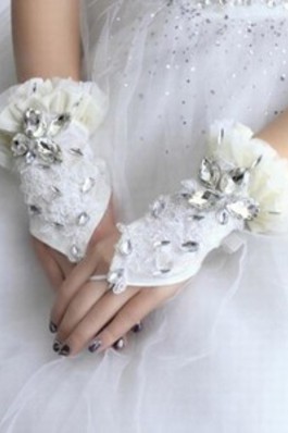 Edel Spitze Luxuriös Mit Kristall Weiß Brauthandschuhe