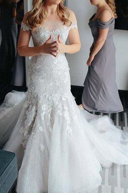 Schulterfreier Ausschnitt Plissiertes Kurze Ärmeln Prächtiges Brautkleid mit Applike