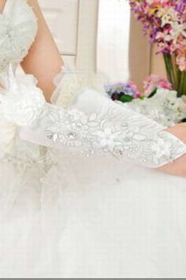 Attraktiv Satin 3D Blumen Weiß Chic|Modern Brauthandschuhe - Foto 2