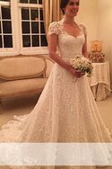 Natürliche Taile A-Line Kurze Ärmeln Prinzessin Brautkleid mit Bordüre