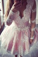 Prinzessin A-Linie Langärmeliges Mini Abiballkleid mit V-Ausschnitt