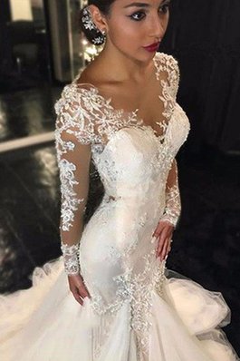 Lange Ärmeln V-Ausschnitt Meerjungfrau Stil Brautkleid mit Bordüre aus Tüll
