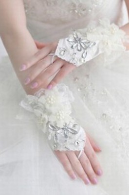 Hübsch Satin Perlenstickerei Elfenbein Luxuriös Brauthandschuhe - Foto 2