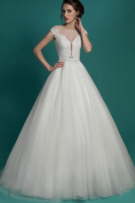 A-Line Tüll Bodenlanges Brautkleid mit Bordüre mit Juwel Ausschnitt