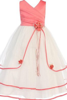 V-Ausschnitt Reißverschluss Tüll Ärmelloses Blumenmädchenkleid mit Empire Taille