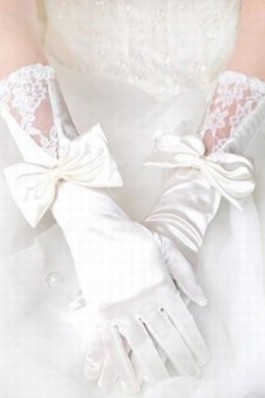 Hell Satin Mit Bowknot Weiß Elegant|Bescheiden Brauthandschuhe - Foto 2