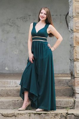 Perlenbesetztes Chiffon Handgemacht V-Ausschnitt Ballkleid mit Hoher Tailler