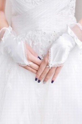 Perfekt Satin Spitze Saum Weiß Elegant|Bescheiden Brauthandschuhe - Foto 2