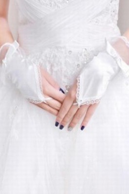 Perfekt Satin Spitze Saum Weiß Elegant|Bescheiden Brauthandschuhe - Foto 2