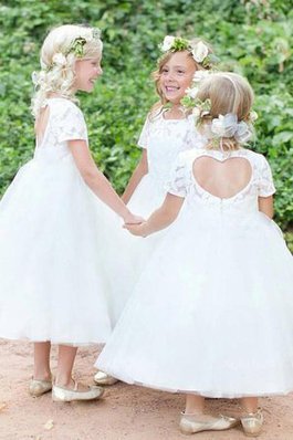 Normale Taille Tüll Stilvoll Blumenmädchenkleid mit Bordüre mit Schaufel Ausschnitt