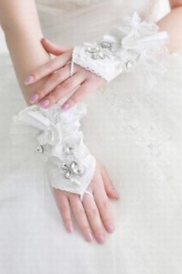 Spitze Mit Kristall Weiß Luxuriös Brauthandschuhe Attraktiv - Foto 2