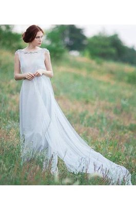 Bateau A-Line Perlenbesetztes Brautjungfernkleid aus Tüll mit gekappten Ärmeln
