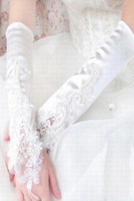 Exquisit Satin Mit Applikation Weiß Elegant Brauthandschuhe - Foto 2