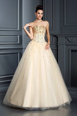 Perlenbesetztes Reißverschluss Satin Sittsames Quinceanera Kleid ohne Ärmeln