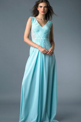 Satin Kurze Ärmeln V-Ausschnitt Natürliche Taile Ballkleid mit Applike