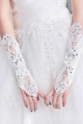 Ausgezeichnet Spitze Paillette Weiß Chic|Modern Brauthandschuhe - Foto 2