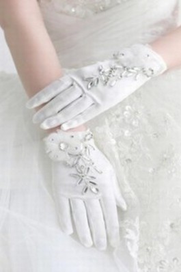 Göttlich Satin Mit Kristall Weiß Chic|Modern Brauthandschuhe - Foto 2