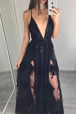 Natürliche Taile Spaghetti Träger Tüll Bodenlanges Ballkleid mit Applikation