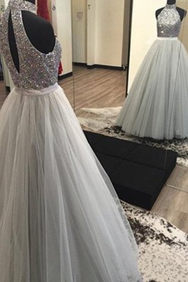 Nackenband Perlenbesetztes Prinzessin Normale Taille Ärmellos Abendkleid