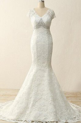 V-Ausschnitt Perlenbesetztes Meerjungfrau Stil Sittsames Brautkleid mit Bordüre