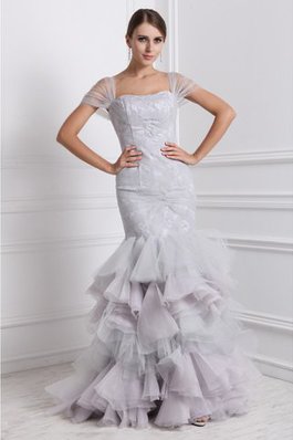 Reißverschluss Kurze Ärmeln Organza Bodenlanges Ballkleid mit Rüschen