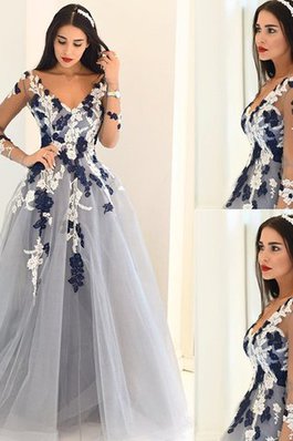 Prinzessin Langärmeliges A-Linie Abendkleid mit Applike mit V-Ausschnitt