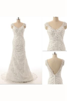 Schaufel-Ausschnitt Paillette Bodenlanges Brautkleid mit Applike aus Spitze