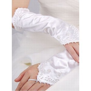 Glamourös Taft Perlenstickerei Modern Weiß Chic Brauthandschuhe