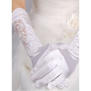 Getrennt Taft Luxuriös Perlenstickerei Weiß Brauthandschuhe