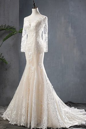 Lange Ärmeln Ausgezeichnet Natürliche Taile Brautkleid mit Bordüre aus Tüll
