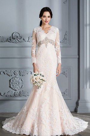 Sweep Zug Meerjungfrau Perlenbesetztes Brautkleid mit langen Ärmeln aus Organza