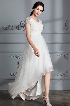 A-Line Asymmetrisch Tüll Normale Taille Kurze Ärmeln Brautkleid