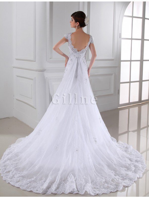 A-Line Organza Sittsames Brautkleid mit V-Ausschnitt mit Empire Taille
