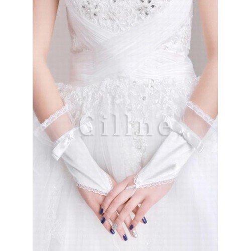 Perfekt Satin Spitze Saum Weiß Elegant|Bescheiden Brauthandschuhe