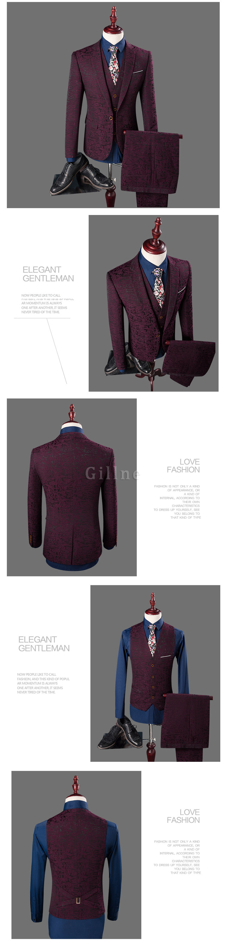 Weinrot Jacke + Hose + Weste Smoking Blazer Britischen