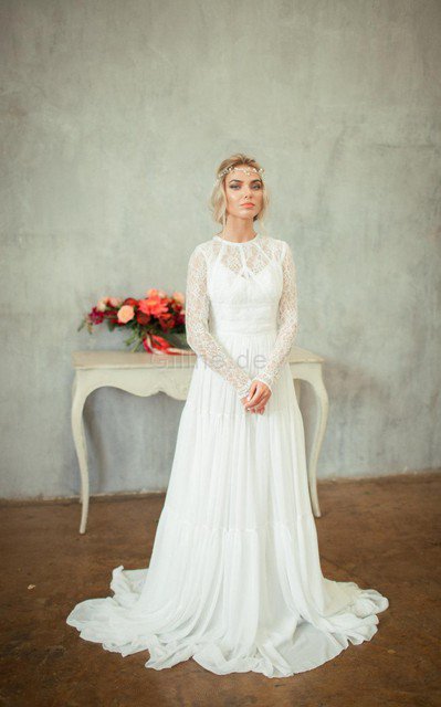 Klassisches Reißverschluss Juwel Ausschnitt Sweep Train Romantisches Brautkleid