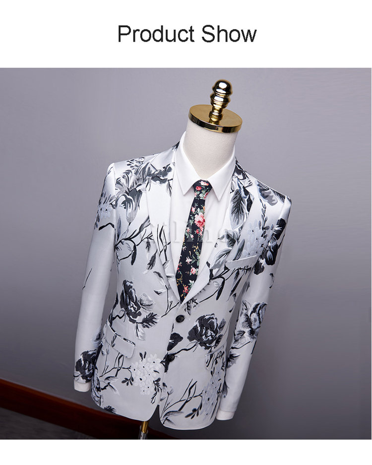 Floral Gedruckt Weiß Plus Größe Slim Fit Casual Männer Anzug