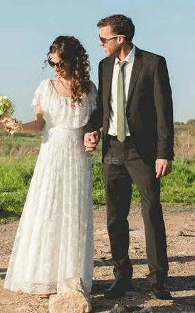 Spitze Kurze Ärmeln Schaufel-Ausschnitt Modern Brautkleid mit Bordüre