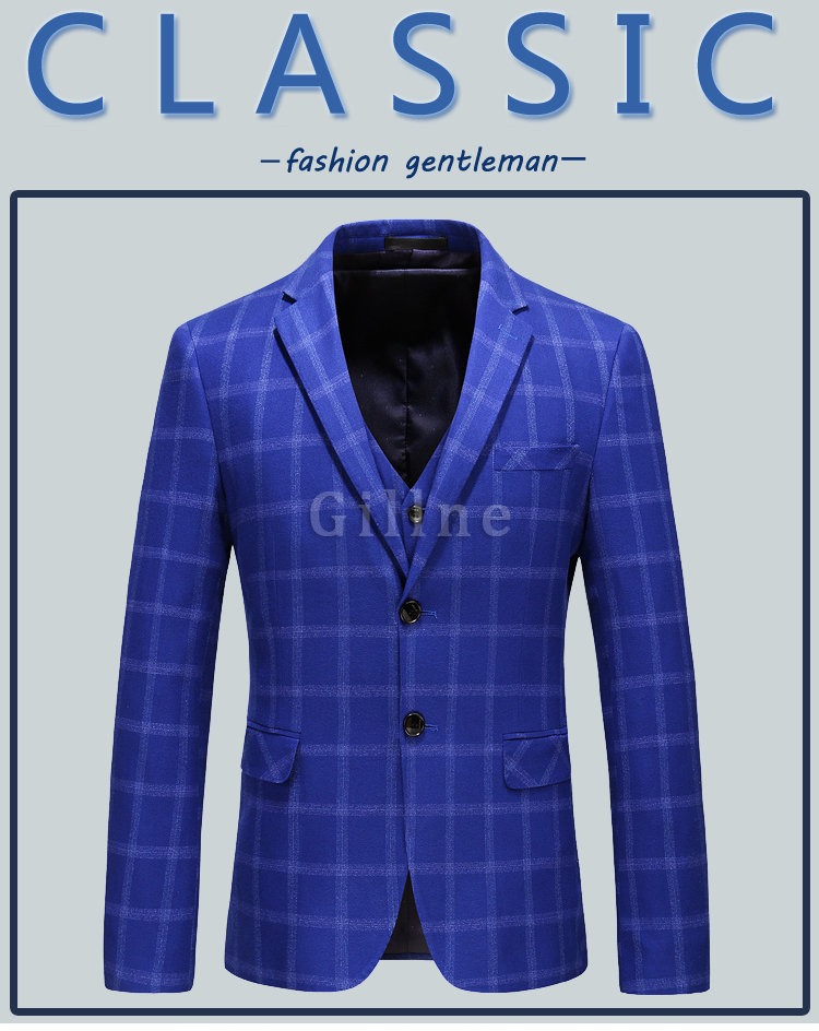 Blau Blazer Plaid Jacke + Weste + Hose Asiatischen