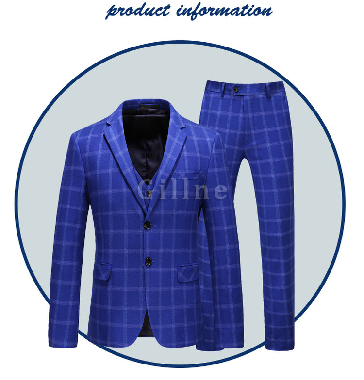 Blau Blazer Plaid Jacke + Weste + Hose Asiatischen