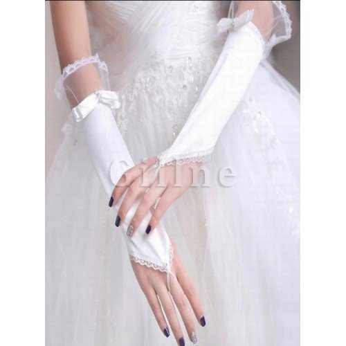 Funkelnd Satin Spitze Saum Weiß Chic|Modern Brauthandschuhe