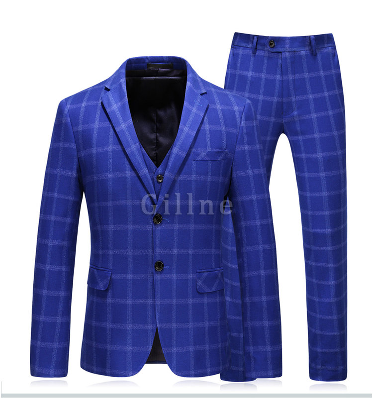 Blau Blazer Plaid Jacke + Weste + Hose Asiatischen