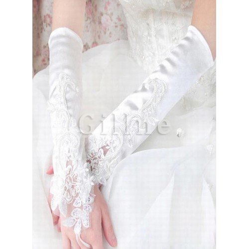 Exquisit Satin Mit Applikation Weiß Elegant Brauthandschuhe