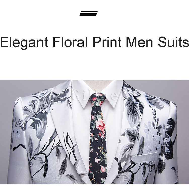Floral Gedruckt Weiß Plus Größe Slim Fit Casual Männer Anzug