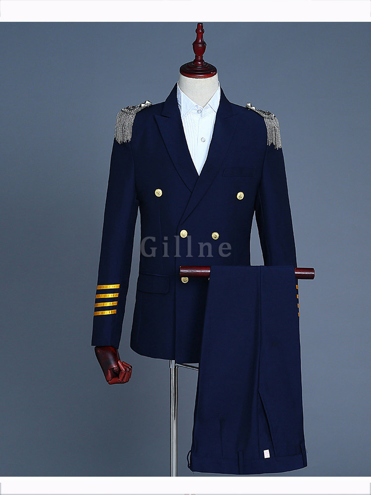 Zweireiher Anzüge Kleid Navy Blau Männer Blazer