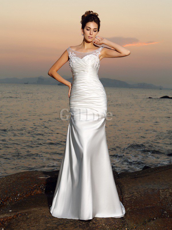 Meerjungfrau Strand Perlenbesetztes Satin Sittsames Brautkleid