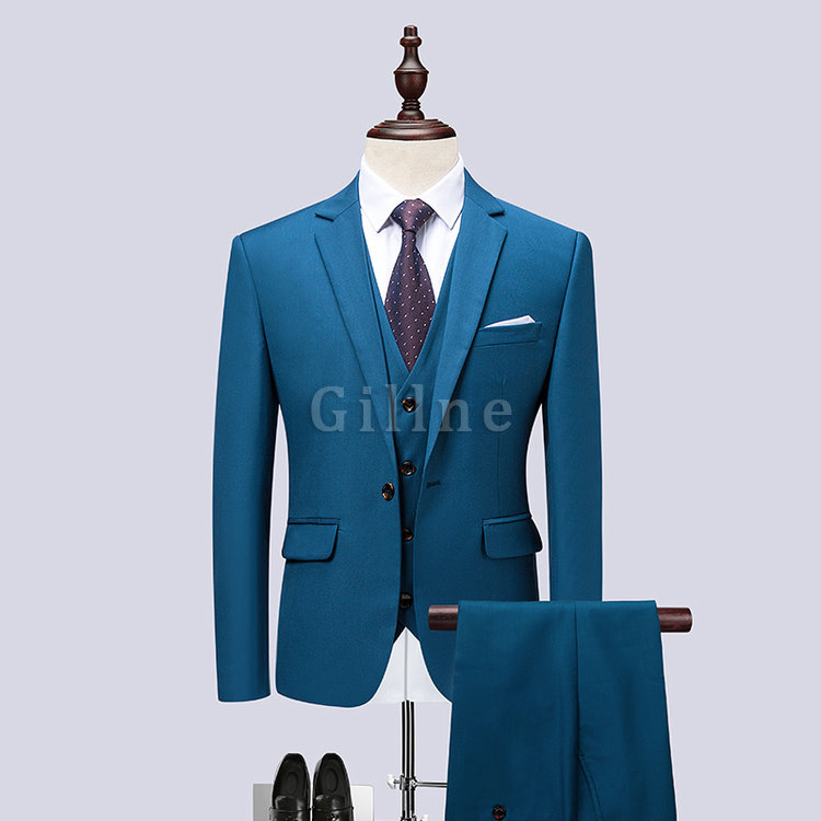 Blau Smoking Herren Anzug 3 Stück Jacke + Hosen + Weste Blazer Slim Fit